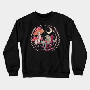Goblincore Aesthetic Cottagecore Frog Sitting on a Rocking Chair - Color Version - waiting for mushrooms to grow - Mycology Shrooms Crewneck Sweatshirt